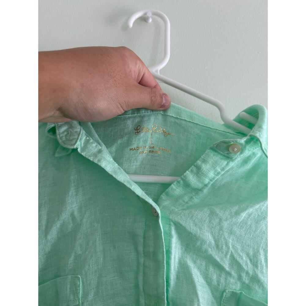 Lilly Pulitzer | 100% Linen Preppy Summer Light Green Relaxed Button Down Shirt - Picture 3 of 9